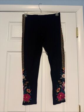 Johnny Was Black Leggings with Pink, Blue and Green Floral Embroidery